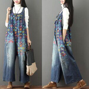 NWT Yeokou Floral Painted Loose Baggy Distressed Denim Overalls Pocket Blue